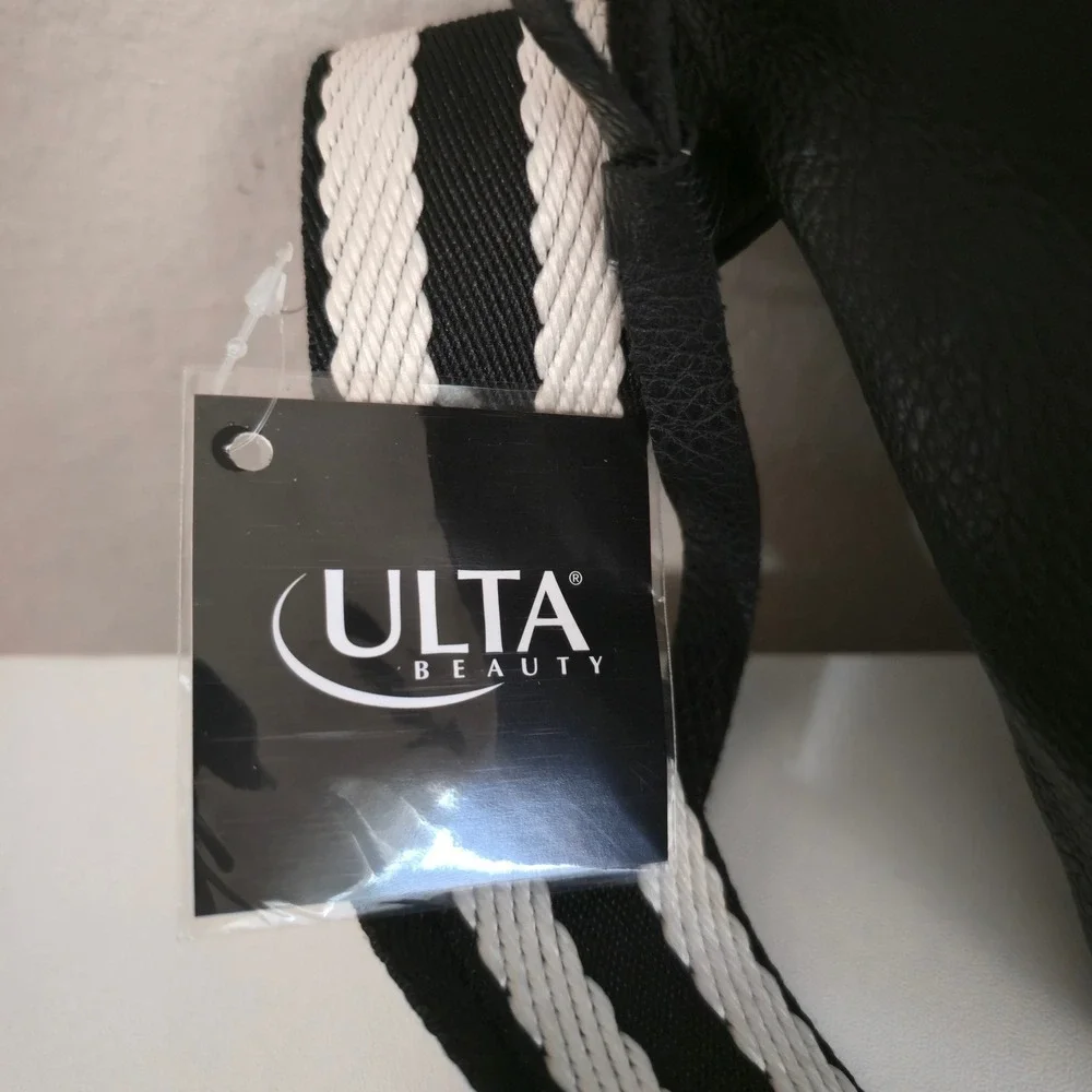 Ulta Beauty Black Pebbled Faux Leather Belt Bag Striped Guitar Strap NWT